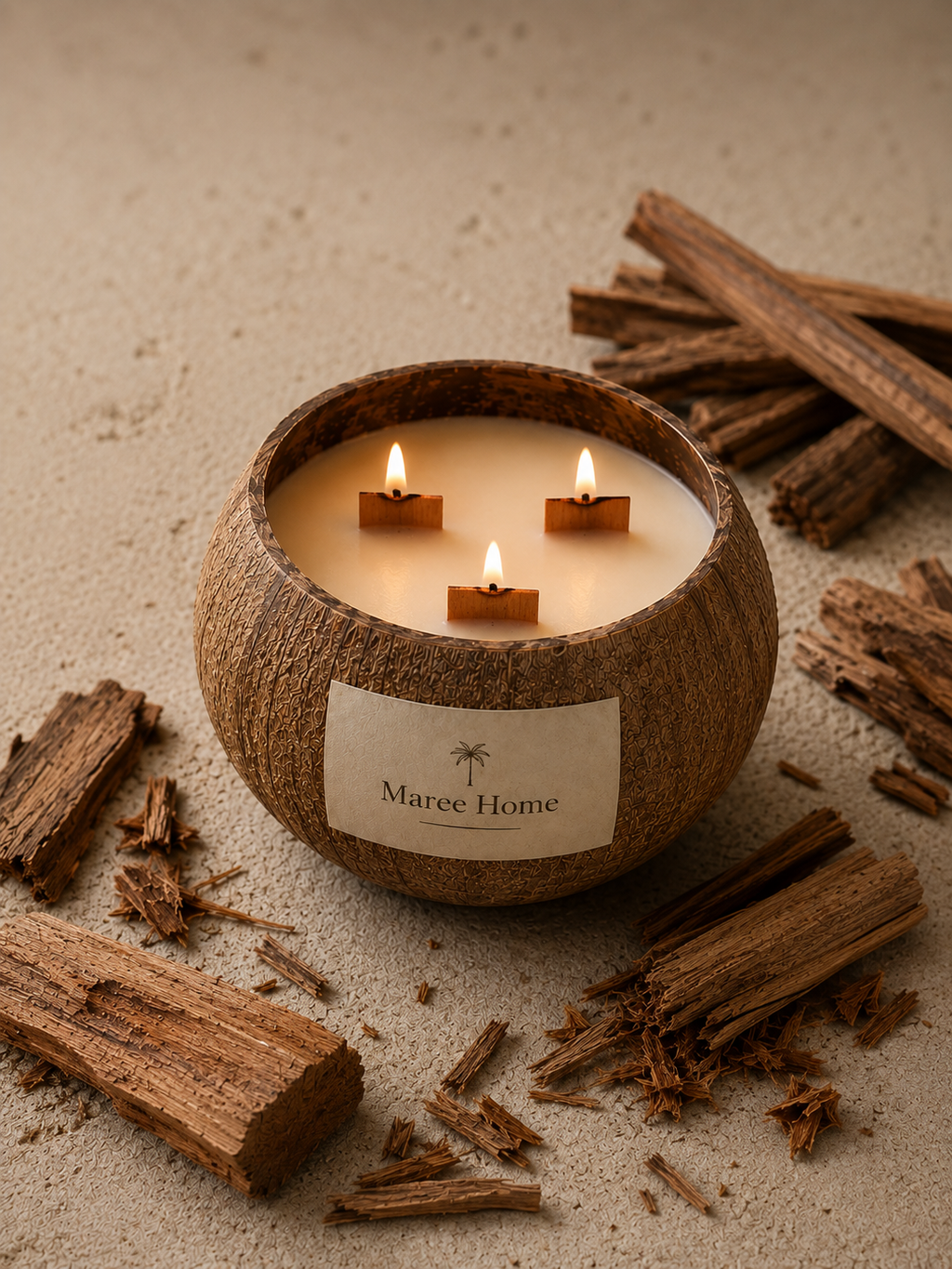Coconut Shell Candle lit with three wooden wicks, surrounded by sandalwood sticks