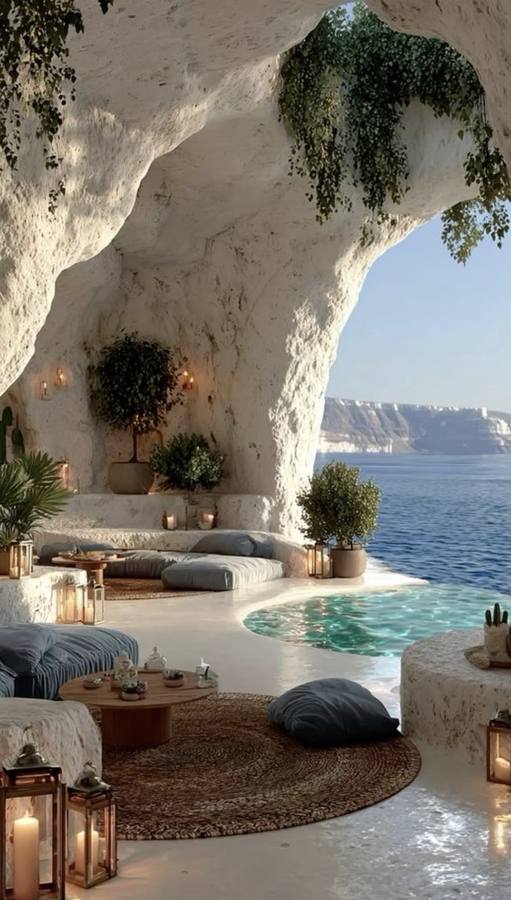 Cave-style lounge interior overlooking the ocean