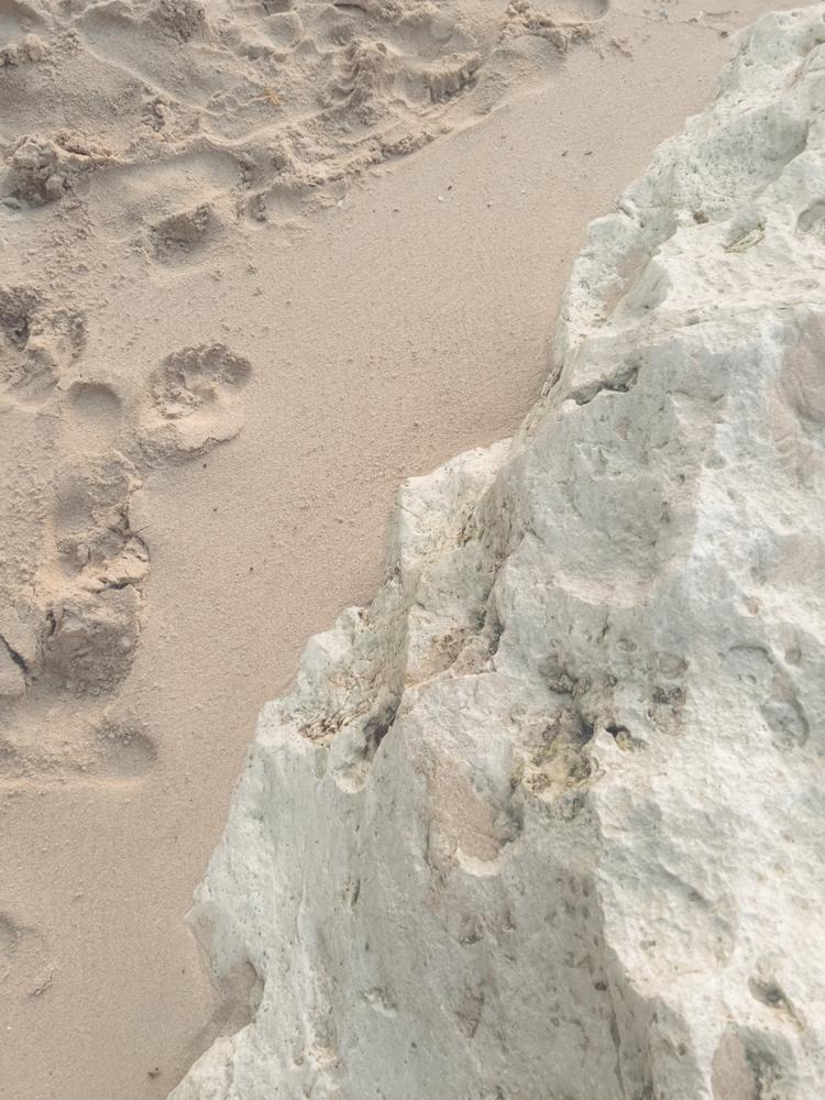 Close-up of pale sand meeting a weathered rock formation